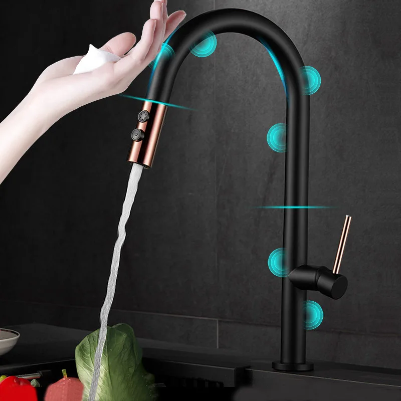 Kitchen Appliances White - ก๊อกน้ําห้องครัวแบบสัมผัสอัจฉริยะเครนดึงออกครัวน้ําประปาอ่างล้างจานผสมหมุนเซ็นเซอร์ก๊อกน้ําแบบสัมผัสเครื่องผสมน้ําสีขาว Rose Gold